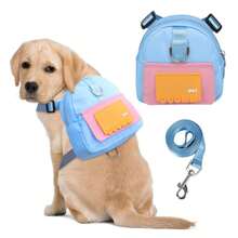 狗狗背包胸帶加配繩,可愛的寵物狗背包內置狗狗拉屎袋發放器,可調節大小的寵物自動攜帶袋,適用於小中型犬的旅遊、遠足和日常散步 - 黃色 - 查看 5