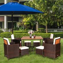 9PCS Patio Rattan Dining Set Cushioned Chairs Ottoman Wood Table Top White\Red - White - View 4