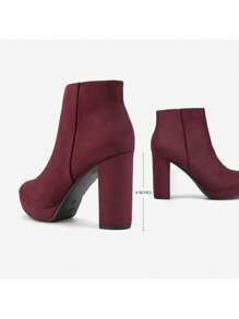 Women Fashionable Side Zipper Round Toe Block Chunky High Heel Suede Ankle Boots Effortlessly Pairing With A Range Of Outfits - Đỏ sẫm - Xem 6