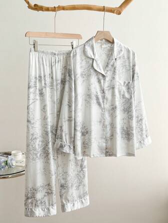 2pcs Women's Ink Printing Ice Silk Simple Home Wear Long Sleeve Top And Pants Pajama Set, Two Pieces Set, Fall Winter Clothes