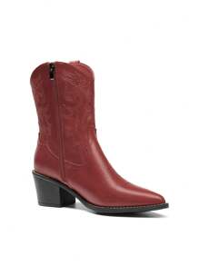 Cowboy Boots For Women, Pointed Toe Chunky Heel Cowgirl Boots, Zipper Pull-On Stitched Western Boots Ankle Boots For Ladies (White,Red,Black,Brown) - 紅色 - 查看 5