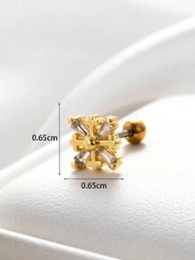 1pc Simple & Fashionable Copper Key Shaped Pendant With , Circular Earring Hoop & Stainless Steel Cross Stud Earring For Cartilage Piercing - Yellow Gold - View 3