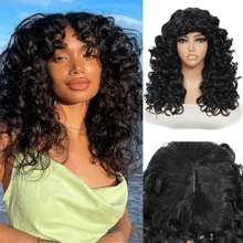 合成耐熱假髮，彈性捲度帶劈頭短髮黑色18英寸化學纖維短髮日常佩戴易於初學者操作的大彈性捲曲短髮