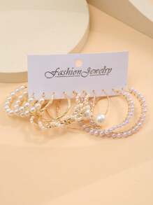 10/12pcs Fashion Vintage Elegant Twisted Faux Pearl Hoop Earrings Set, Stylish Design, Suitable For Holiday, Party, Date, Gift, Daily Wear - Multicolor - View 2
