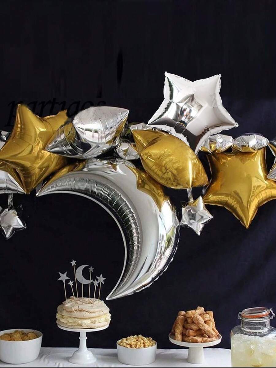 13 Balões Temáticos, Balão De Alumínio Em Forma De Lua Prateada De 28 Polegadas, Balões Em Forma De Estrela De 18 Polegadas Para Decoração De Festas - Multicolorido - Ver 1