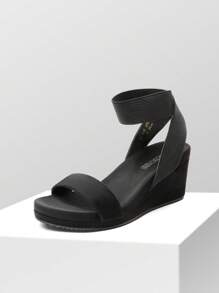 Women's Black Slip On Open Toe Elastic Ankle Strap Platform Comfortable Commuting  Wedge Sandals - màu đen - Xem 2