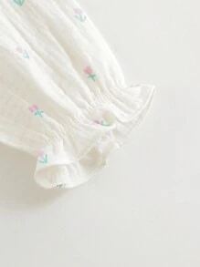 MARC&JANIE 少女甜美可愛的郁金香花紋立領泡袖長袖襯衫,適用於春季