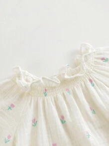 MARC&JANIE 少女甜美可愛的郁金香花紋立領泡袖長袖襯衫,適用於春季