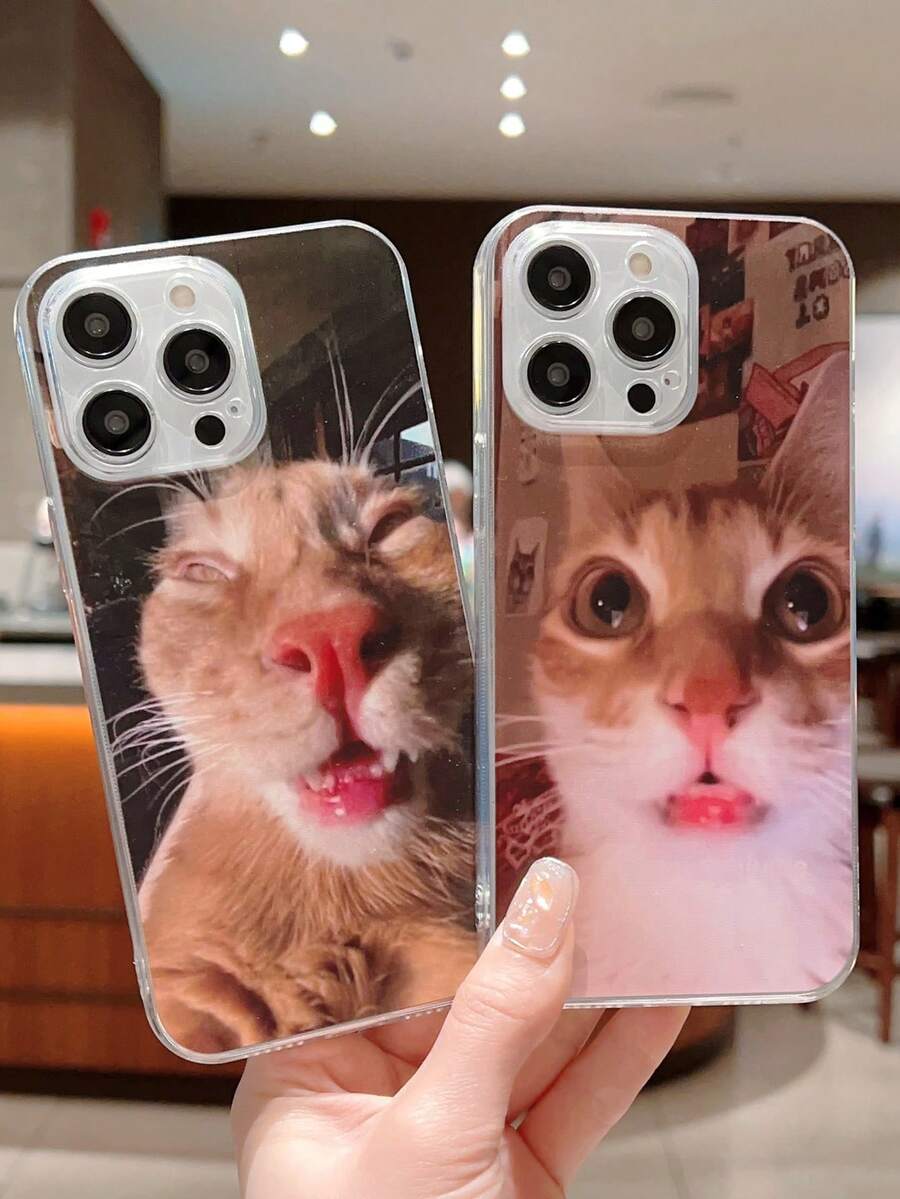 有趣的2入組可愛貓紋理透明TPU全覆蓋手機殼，適用於iPhone - 彩色 - 查看 1