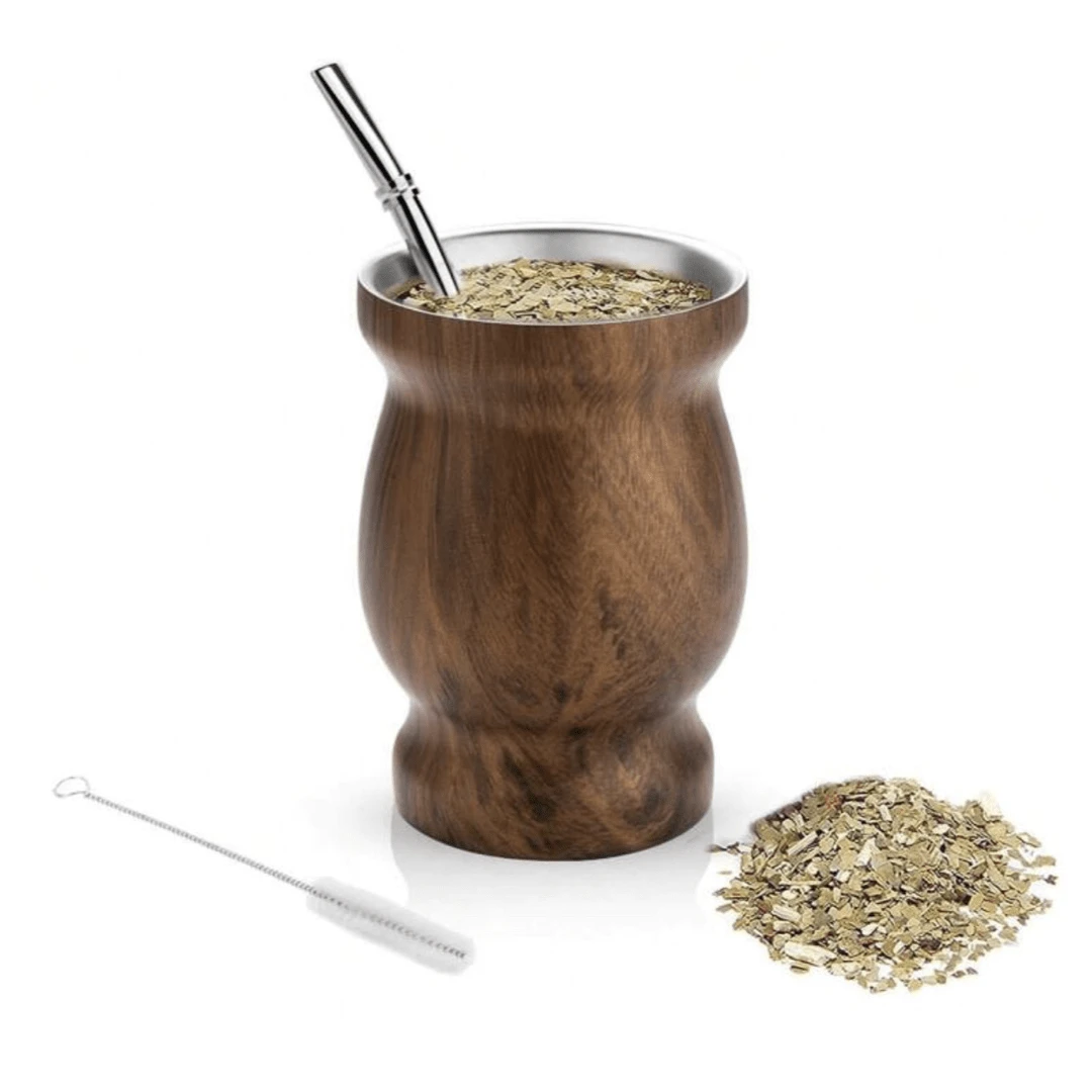 3入組8盎司不銹鋼耶巴瑪特杯套裝，附有吸管和清潔刷， 呈葫蘆形狀的保溫杯具有雙層和真空密封，包括不鏽鋼吸管和刷子 - 木紋 - 查看 1