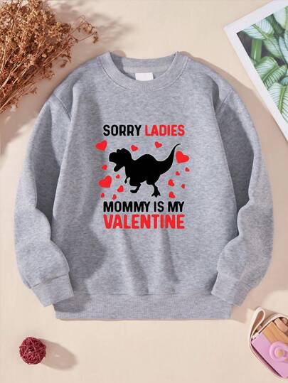 Young Boys' Valentine's Day Dinosaur Heart Slogan Print Round Neck Fleece Sweatshirt