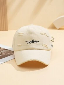 1件女性單色刺繡字母和圓形細節時尚削磨洗滌棒球帽,適用於日常穿搭 - 黑色 - 查看 9