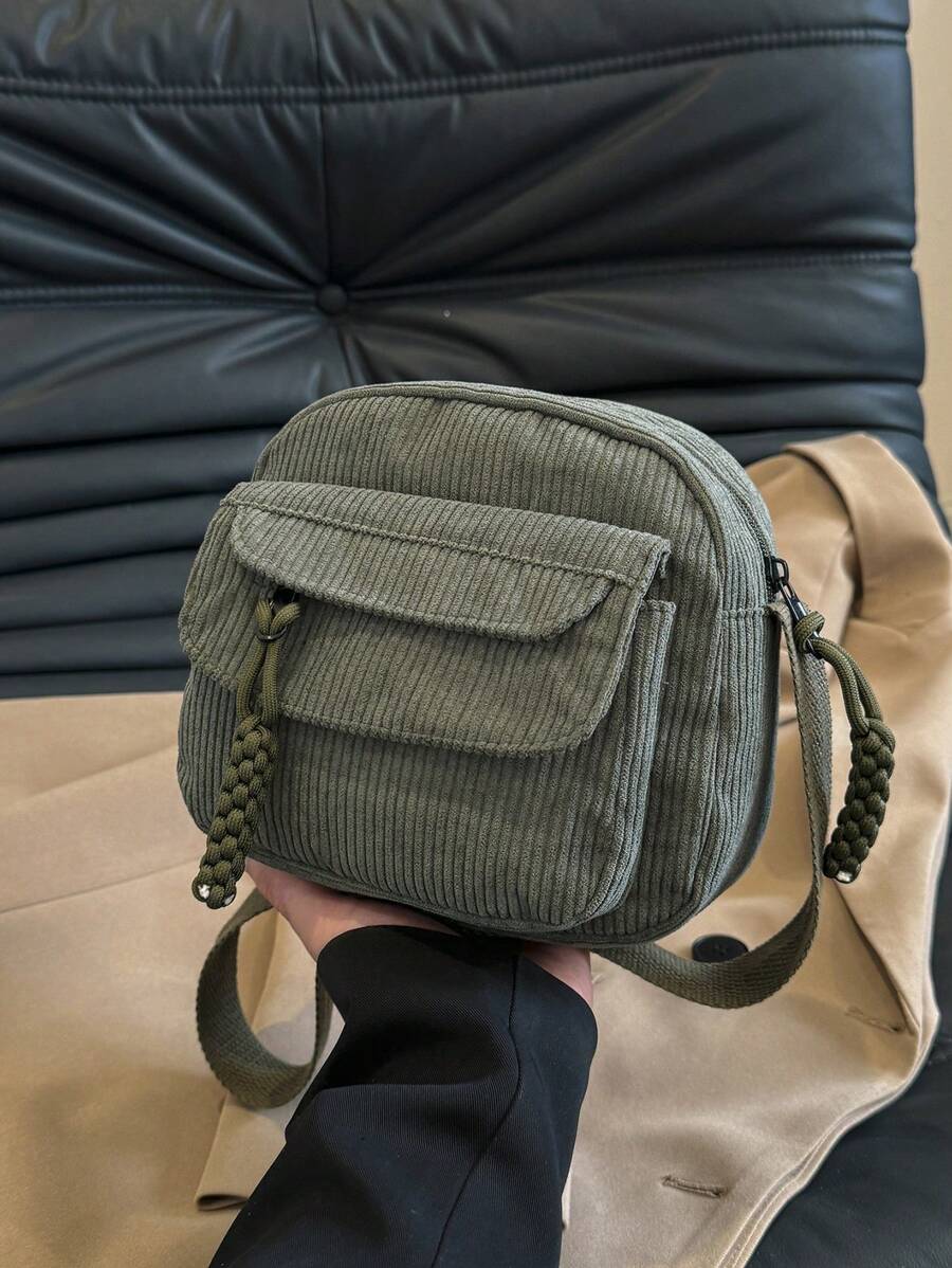 1pc Solid Color Mini Corduroy Shoulder Bag With Multiple Pockets, Zipper, Fashionable And Versatile For Women's Daily Commutes And Casual Wear