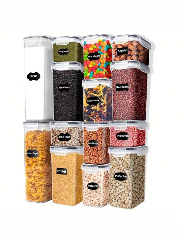 Conjunto de recipientes herméticos para armazenamento de alimentos 3/9/10/12/15/24/30/42 peças - Recipientes de plástico transparente para organização de cozinha e despensa com tampas para cereais, farinha de alimentos secos e açúcar - Conjunto de etiquetas, marcadores e colheres, cozinha, presente de Natal