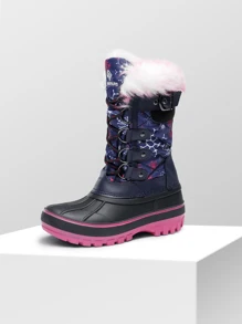 Kids Snow Boots, Waterproof Insulated Mid Calf Winter Boots With Black Faux Fur Lining For Boys And Girls - 藏蓝色 - 查看 4