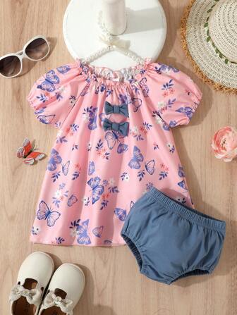 2pcs Baby Girl Cartoon Cute Butterfly Patterned Pink Short Sleeve Frill Trim Top And Shorts Set With Bowknot, Summer Lightweight