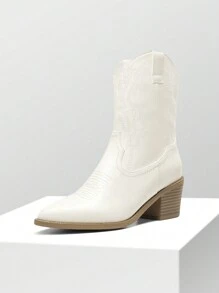 Cowboy Boots For Women, Pointed Toe Chunky Heel Cowgirl Boots, Zipper Pull-On Stitched Western Boots Ankle Boots For Ladies (White,Red,Black,Brown) - 白色 - 查看 4