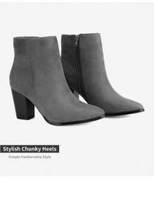 Women's Fashionable Sand Suede High Chunky Block Heel Ankle Booties Side Zipper Almond Toe Short Bootie Pumps - Xám - Xem 3