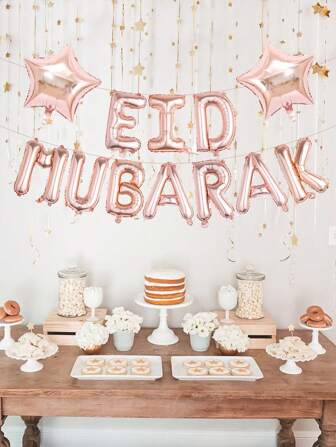 12入組玫瑰金色穆字母氣球套件,星形箔氣球,適用於開斋節室內裝飾、主題派對裝飾