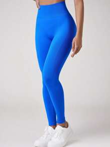 Leggings ajustados que realzan el trasero para mujeres, pantalones largos de un solo color para fitness, gimnasio, yoga, running y entrenamiento con cintura alta - azul real - Ver 5