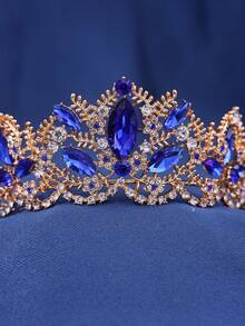 1pc Rhinestone Queen Crown Bridal Wedding Party Accessory - Blue - View 3