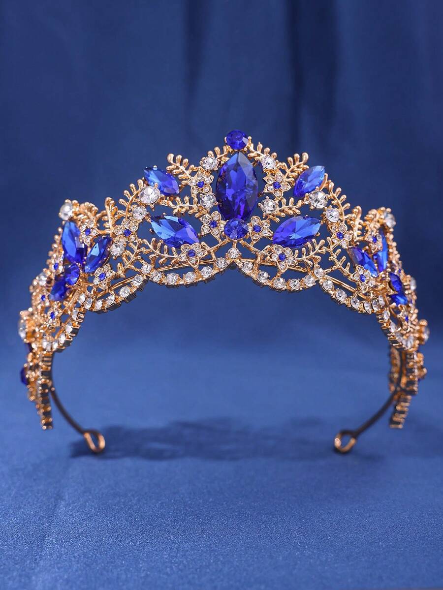 1pc Rhinestone Queen Crown Bridal Wedding Party Accessory - Blue - View 1