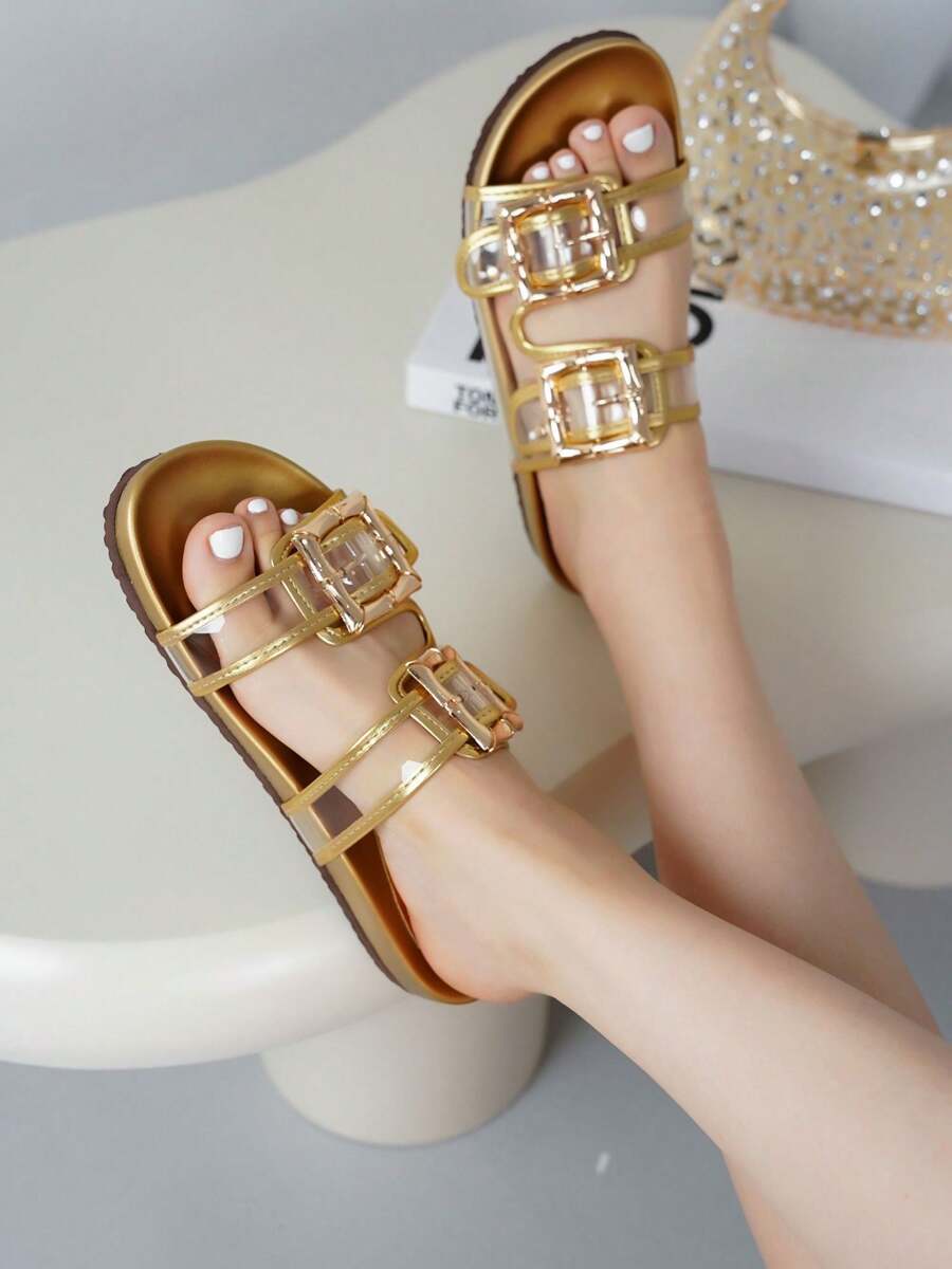 Women's  Round Toe Metallic Slide Sandals - Single Round Toe Metallic/Holo Slides Flat For Spring/Summer Essentials - 金色 - 查看 1