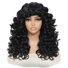 合成耐熱假髮，彈性捲度帶劈頭短髮黑色18英寸化學纖維短髮日常佩戴易於初學者操作的大彈性捲曲短髮