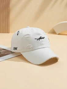 1件女性單色刺繡字母和圓形細節時尚削磨洗滌棒球帽,適用於日常穿搭 - 黑色 - 查看 13