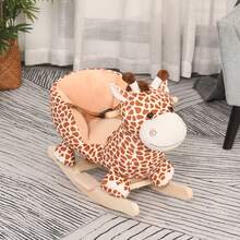HOMCOM Caballito Balancín Bebé +18 Meses Balancín Peluche Madera con 32 Canciones Cinturón de Protección Girafa de Peluche 60x33x45cm - Marrón - Ver 1