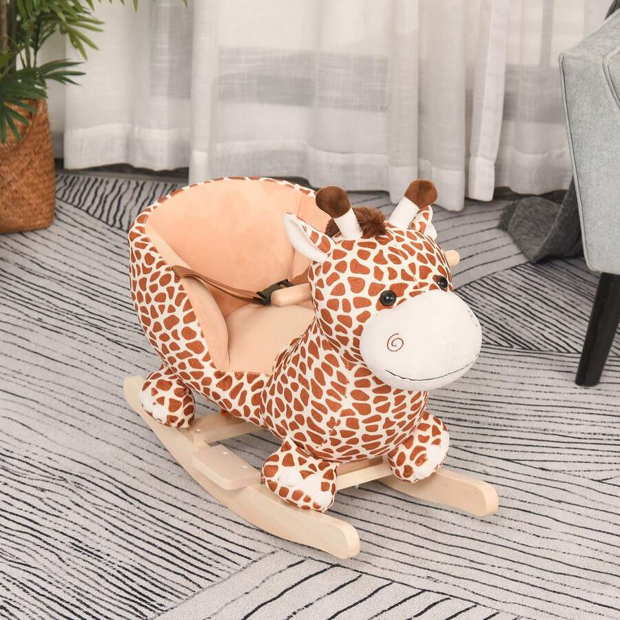 HOMCOM Caballito Balancín Bebé +18 Meses Balancín Peluche Madera con 32 Canciones Cinturón de Protección Girafa de Peluche 60x33x45cm - Marrón - Ver 1