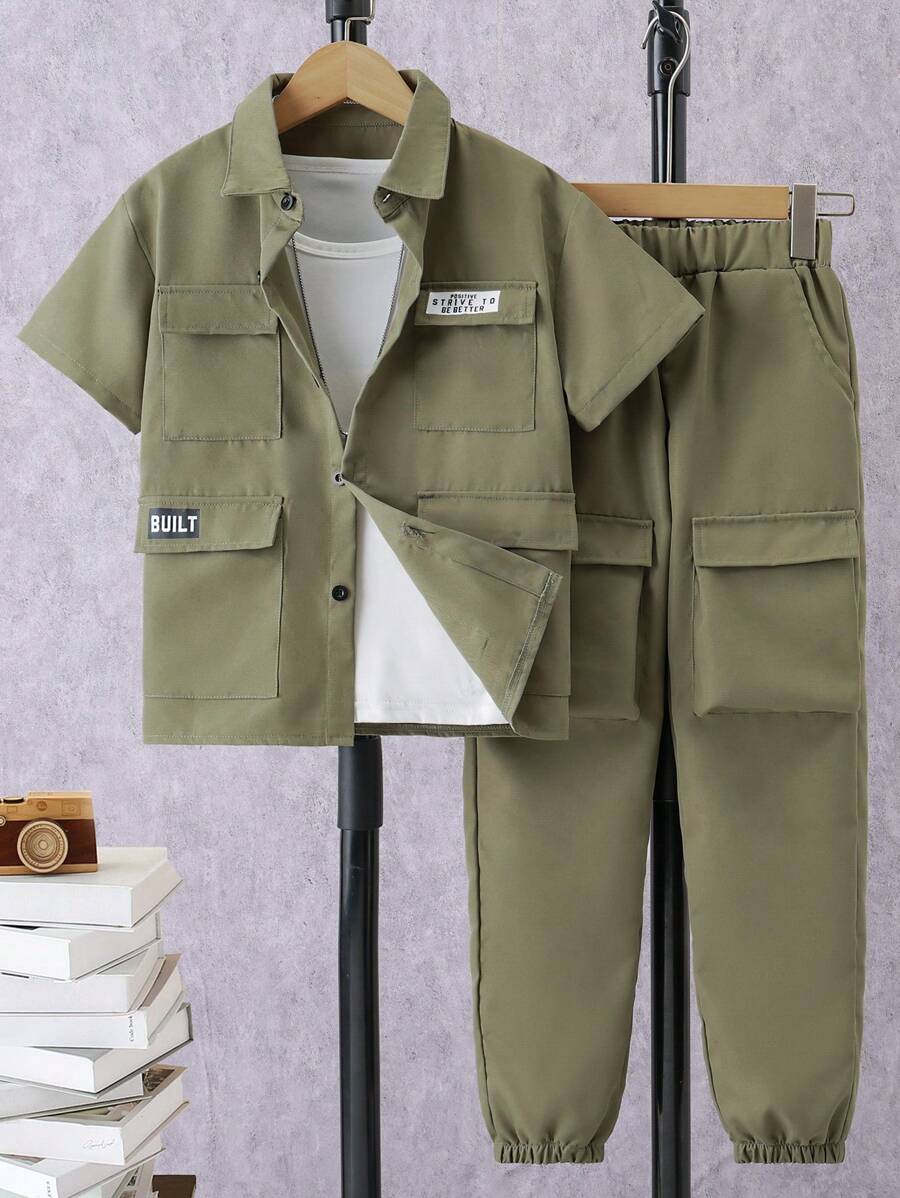 青少年男孩字母印花釦扣襯衫和貨物褲套裝，適用於春/夏