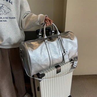 New Large Capacity Solid Color Handbag Women Travel Bag Waterproof Luggage Bag Lightweight Gym Bag Multifunctional Student Organizer Bag PU Tote Bag Black/Silver Wet And Dry Separated Shoulder Bag Light Weight Travel Bag Business Fashion Bag For School School Accessories School Stuff