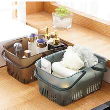1pc Portable Plastic Bath Basket For Bathroom Toiletry Storage, Blue - Transparent Coffee - View 4