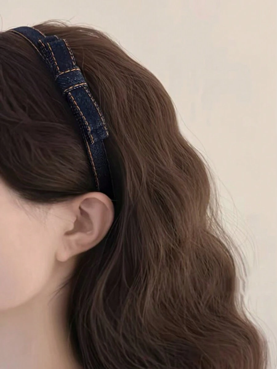 Set de 1 pieza/2 piezas de diadema de mezclilla con lazo de doble capa para mujer, adecuada para uso diario, diadema, aro para el cabello, accesorios para el cabello, accesorios para la cabeza - Multicolor - Ver 1