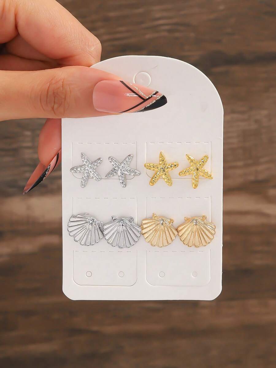 8pcs Sea Shell & Starfish & Multi-Element Vacation Style Earrings Set, Birthday Gift - Multicolor - View 1