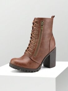 Women's Combat Ankle Boots Chunky Heel Lace Up Fashion Heeled Booties - Cà phê nâu - Xem 3