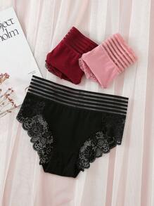 APRSEA 3pcs/Set Ladies' Sheer Stripe High Waisted Belted Sexy Lace Spliced Triangle Panties