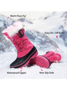 Kids Snow Boots, Waterproof Insulated Mid Calf Winter Boots With Black Faux Fur Lining For Boys And Girls - Màu đỏ tím - Xem 7