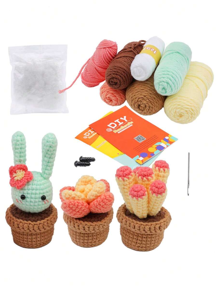 1套3隻兔子布丁多肉編織盆栽材料套件,毛線球鉤針工藝飾品,diy手工製作,附有指導書和視頻教程 - 彩色 - 查看 1