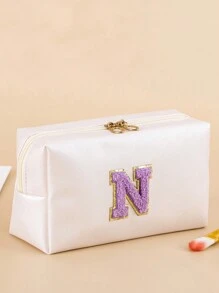 1个防水PU学院风贴布旅行化妆包收纳袋可爱化妆盒拉链袋带毛绒字母A B C N S T K F I 女士款 - 米色 - 查看 17