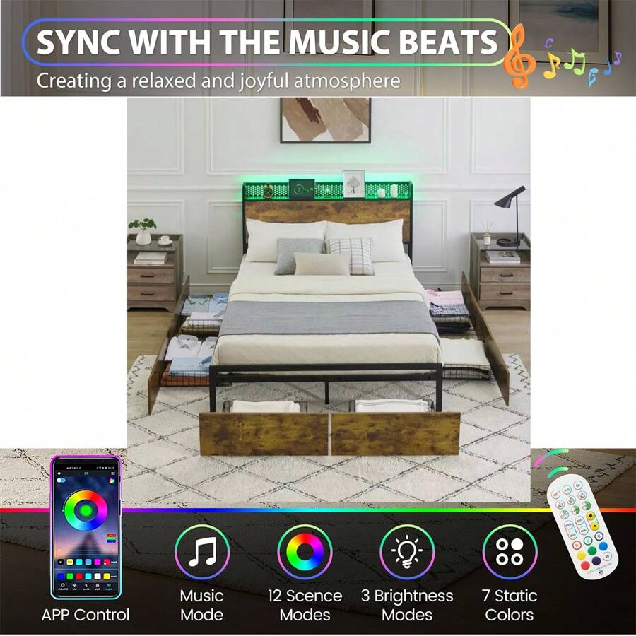 Metal Bed Frame With LED Lights Headboard And 6 Drawers, Platform Bed