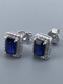 S925 Silver Cultured Blue Sapphire Earrings - Royal Blue - View 4