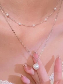 1 chiếc vòng cổ nhiều lớp trang trí ngọc trai giả phong cách giản dị nhẹ nhàng đơn giản phù hợp với trang phục hàng ngày của phụ nữ - Bạc - Xem 1