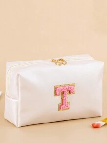 1个防水PU学院风贴布旅行化妆包收纳袋可爱化妆盒拉链袋带毛绒字母A B C N S T K F I 女士款 - 米色 - 查看 11