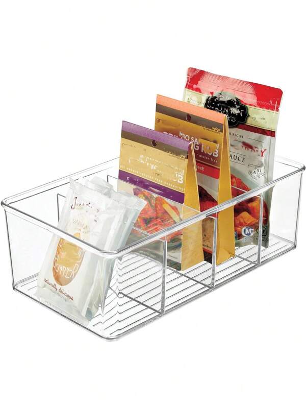 Caixa De Armazenamento Retangular De Plástico Transparente De 1 Unidade Com Compartimentos Removíveis Para Organização, Adequada Para Geladeira, Mesa De Escritório, Organizador De Cozinha