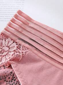 APRSEA 3pcs/Set Ladies' Sheer Stripe High Waisted Belted Sexy Lace Spliced Triangle Panties