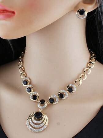 3入組/套鍍金環形樹脂與鑽石裝飾項鍊和耳環珠寶套裝,適用於女士情人節和新娘禮物