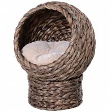PawHut Rattan Katzenkorb Katzenhöhle Katzenhütte Katzenbett mit Kissen Haustierbett Wasserhyazinthe - Kastanienbraun - Übersicht 5