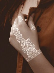 2張海娜貼紙,防水棕色海娜紋身貼紙,花卉海娜貼紙,適用於女性 - 白色 - 查看 4